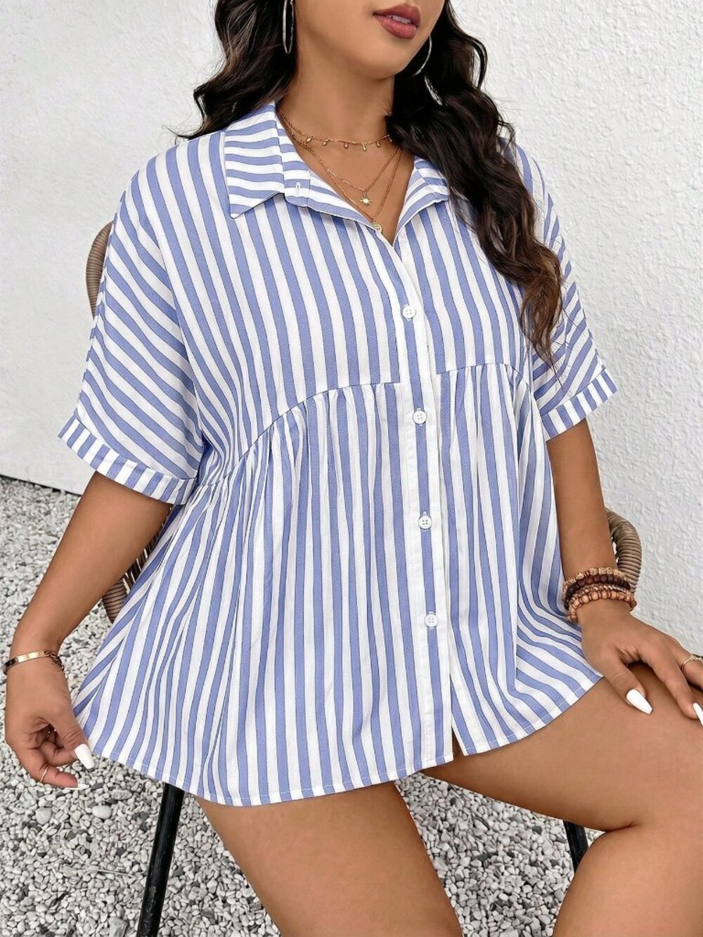 Blue Casual womens Striped Print Button Down Short Sleeve Top - Picture 6 of 7